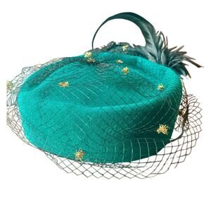 Vintage Michael Howard Green Wool Pillbox Hat with Feathers & Veil